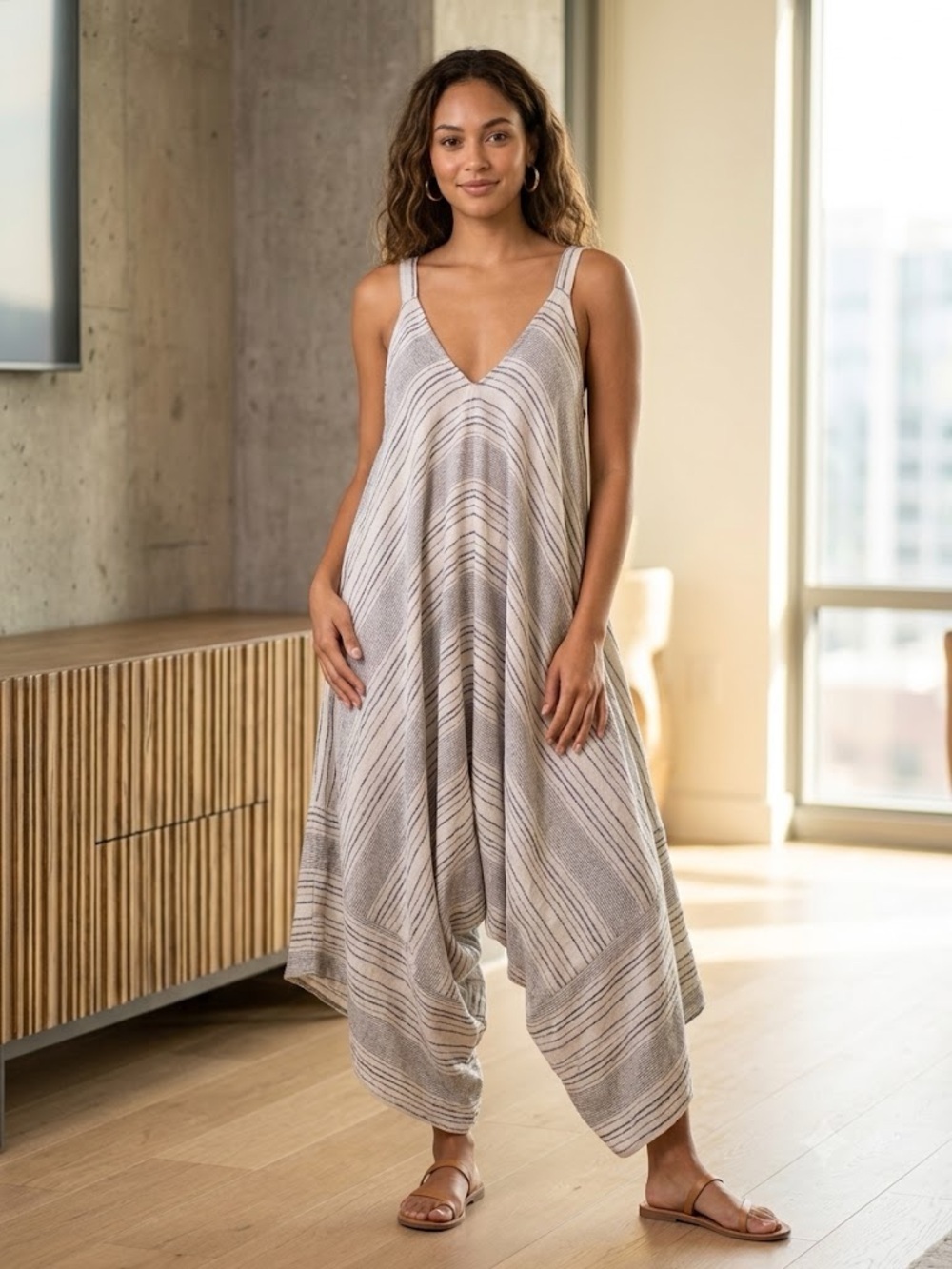 Aakaa Striped V-Neck Relaxed Harem Wide Leg Jumpsuit